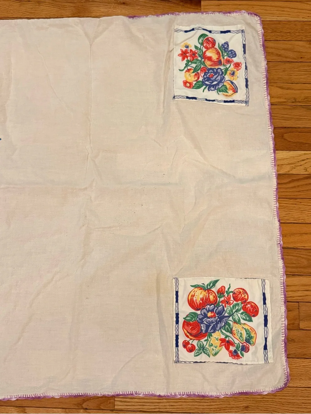 Vintage cotton tablecloth fruit print patches crochet edge 34x36 grannycore